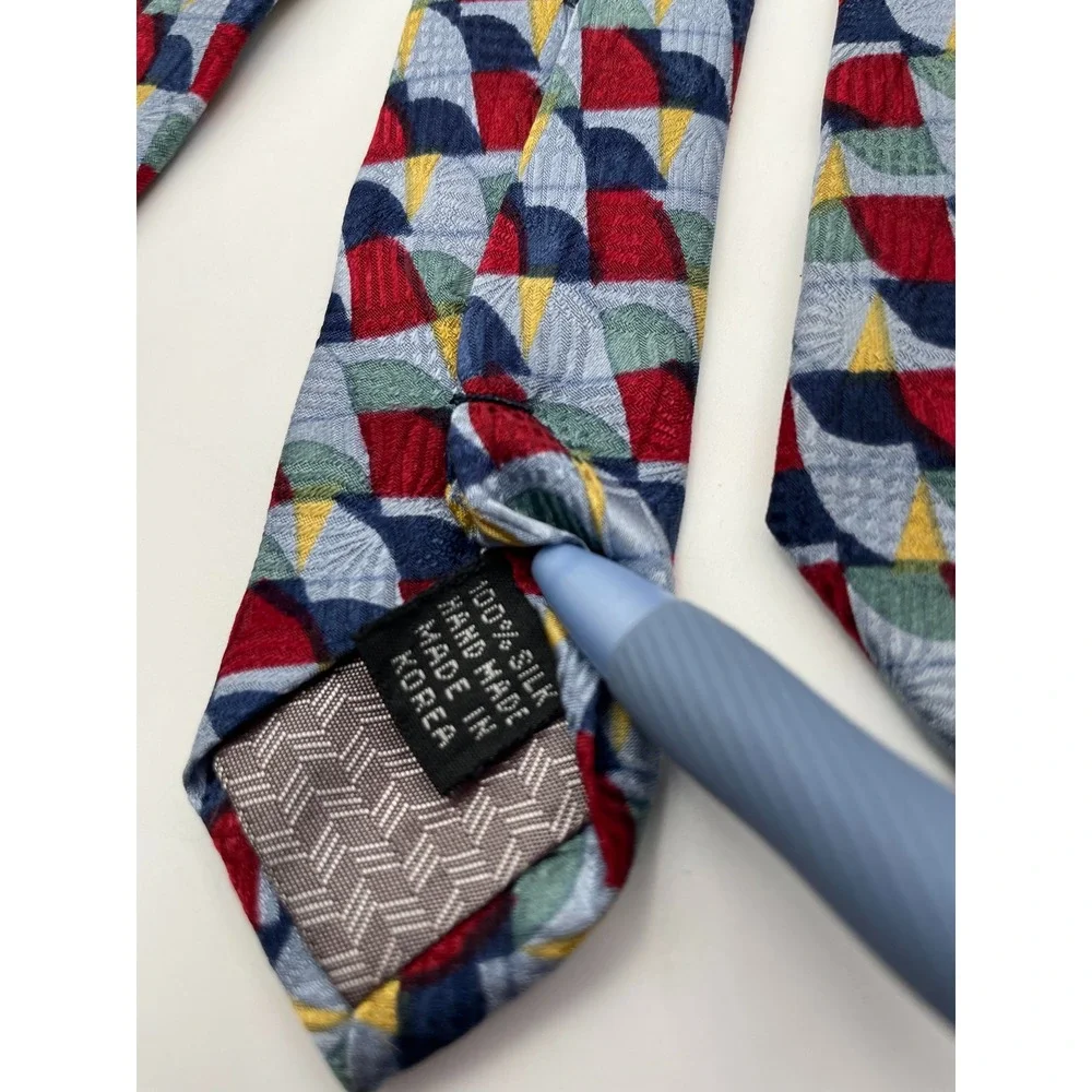 Pierre Balmain Couture Silk Tie Mens Red Blue Geometric Fan Mosaic Hand Made